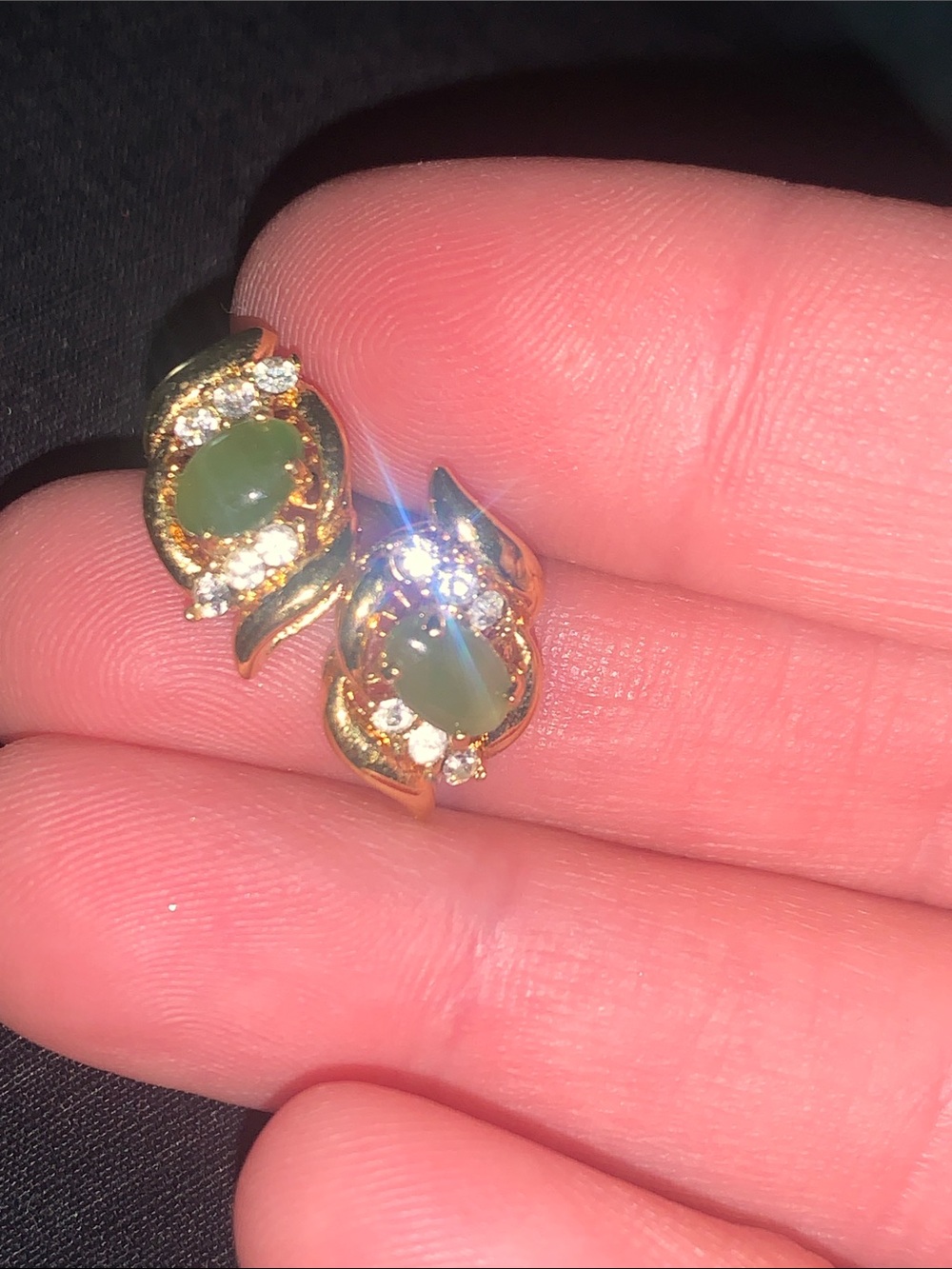 Gold-Tone Stud Earrings with Green Center and Clear Accents